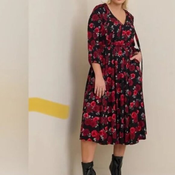 718-5 Torrid Midi Stretch Challis Tie Neck Dress Rose Black Floral Size 2 18/20 - Picture 7 of 16